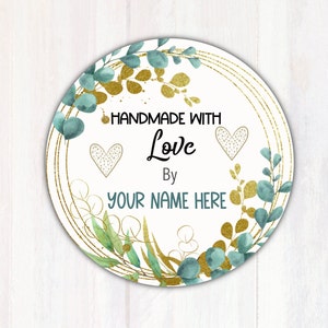Handmade with Love Stickers | Personalized Eucalyptus Handmade with Love Labels |  1.67” Round Stickers