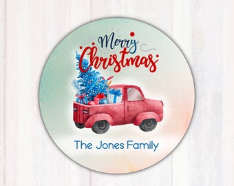 Merry Christmas Gift Labels Red Truck Personalized Envelope Seals 1.5” or 2”