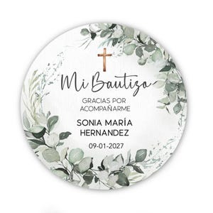 Mi Bautizo Stickers – Etiquetas Personalizadas para Bautizo – Baptism Favor Stickers – Nombre y Fecha – Greenery Thank You Labels