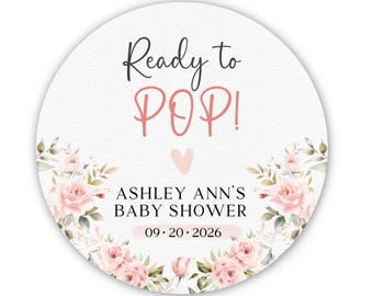 Ready to Pop Baby Shower Stickers, Personalized Favor Labels with Name and Date, Pink Floral Popcorn Favor Stickers
