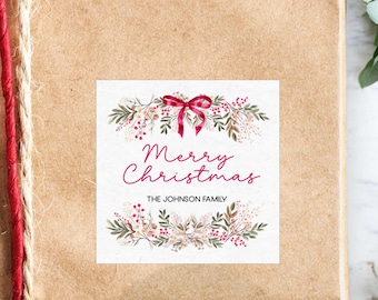 Personalized Christmas Gift Label • 2″ x 2″ Square Sticker • ‘Merry Christmas’ with Holly & Bow • Holiday Gift Tags and Envelope Seals