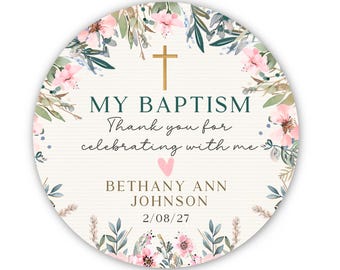 Baptism Labels  - Personalized My Baptism Favor Labels - 2” Round Custom Baptism Party Labels with Pink Floral Design - Baptism Stickers