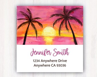 Sunset Return Address Labels -  Personalized Sunset Palm Trees  Address Labels -  Address Label Stickers  2” x 2” Square Address Labels