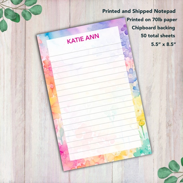 Personalized Rainbow Watercolor Floral Notepad - Custom Name Notepad - Customized Note Pad Rainbow Theme - Size: 5.5” x 8.5”, 50 Sheets