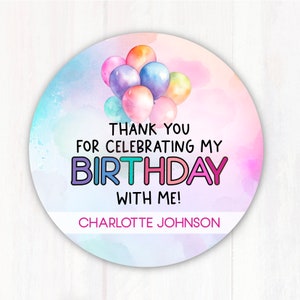 Thank You Stickers Birthday, Printed, Happy Birthday Labels, Personalized Birthday Thank You Labels, Balloons Custom Name Thank You Stickers