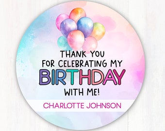 Thank You Stickers Birthday, Printed, Happy Birthday Labels, Personalized Birthday Thank You Labels, Balloons Custom Name Thank You Stickers