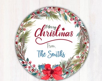 Christmas Gift Labels - Personalized Christmas Wreath Stickers - Christmas Wreath Sticker Gift Tags -  Christmas Labels - Round Labels