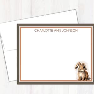 Bunny Note Card Stationary  - Personalized Bordered Cute Rabbit Notecards - Flat Notecards and Envelopes Stationery Set