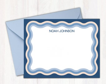 Blue Wavy Design Stationery - Personalized Note Cards  - Colorful Wavy Lines Scallop Design Notecards Stationery for Boys  - Great Gift Idea