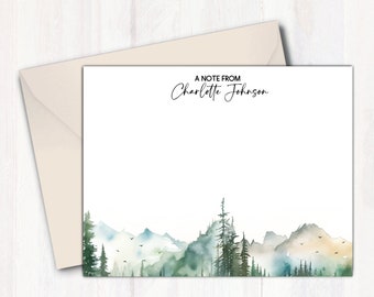 Personalized Stationery Set with Envelopes, Custom Mountain Note Cards, Pine Tree Forest Watercolor Stationery, Personalized Gift