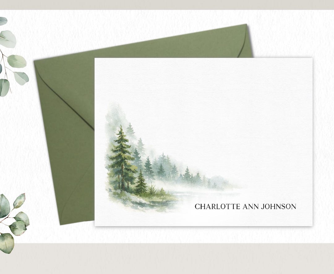 Personalized Forest Notecards With Envelopes, Watercolor Pine Tree ...