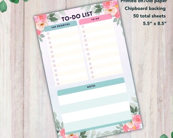 To Do List Notepad Pink Florals - To-Do | Top Priorities | Notes - Cute Notepad Gift