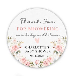 Custom Baby Shower Stickers - Customized Baby Shower Favor Stickers - Girls Baby Shower Stickers - Pink Roses Favor Labels - 2” Round Labels