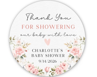 Custom Baby Shower Stickers - Customized Baby Shower Favor Stickers - Girls Baby Shower Stickers - Pink Roses Favor Labels - 2” Round Labels