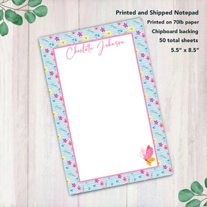 Personalized Notepad with Pink Flowers and Butterfly - Notepad Stationery for Women - Customized Note Pad - Size: 5.5” x 8.5”, 50 Sheets