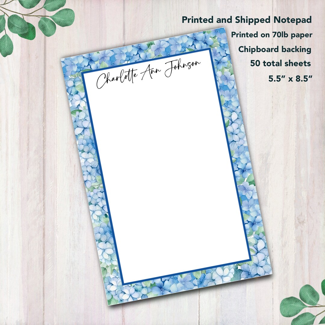 Personalized Notepad With Hydrangea Floral Border, Stationery Gift ...