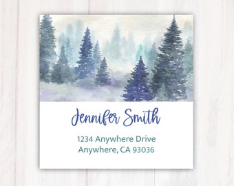 Winter Woods Address Labels -  Personalized Winter Pine Trees Return Address Labels -  Address Labels Stickers  2”  Square Address Labels