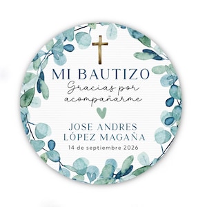 Mi Bautizo Stickers Labels - Aqua Blue Green Eucalyptus Leaves  - Personalized Mi Bautizo Recuerdo Party Favor Stickers  - 2” Custom Round