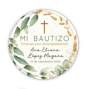 Mi Bautizo Stickers - Eucalyptus Greenery and Gold Leaves - Personalized Baptism Bautizo Recuerdo Favor Stickers  - 2” Custom Round Labels
