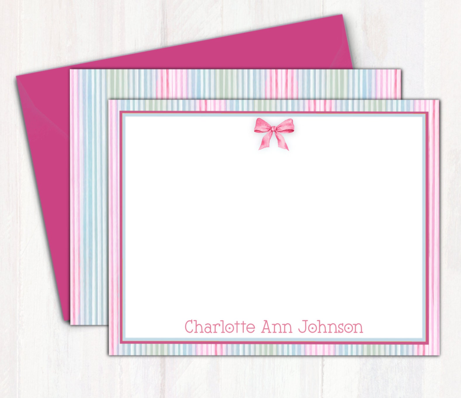 Personalized Kids Stationary - Custom Pink Bow Note Cards With Envelope ...