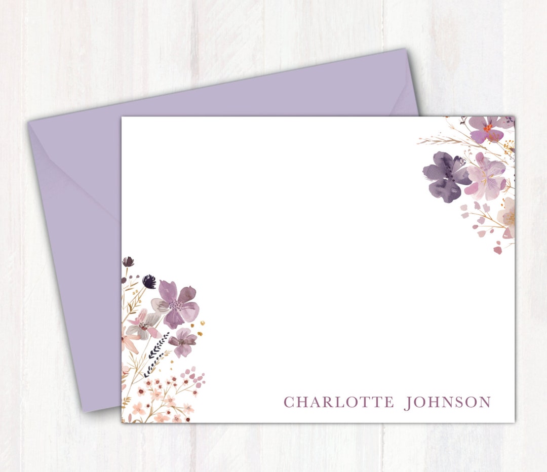 Purple Wildflowers Floral Note Cards for Women Personalized With Name ...