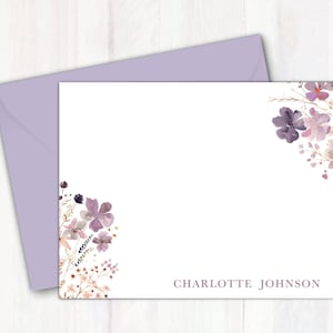 Purple Wildflowers Floral Note Cards For Women Personalized with Name - Wild Flowers Stationary - Floral Notecards - Stationery Gift for her