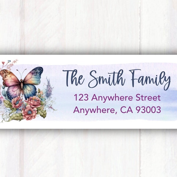 Butterfly Floral Address Labels -  Personalized Purple Butterfly Return Address Labels Floral Design - Printed Return Address Label Stickers