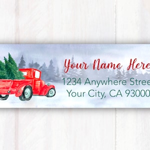 Red Christmas Tree Truck Winter Scene Return Address Labels  - Customized Holiday Address Labels - Printed Personalized Address Labels