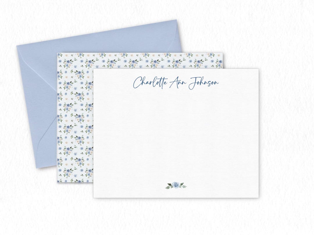 Flat Notecards Set of 10+, Blue Floral A2 Note Cards With Envelopes ...
