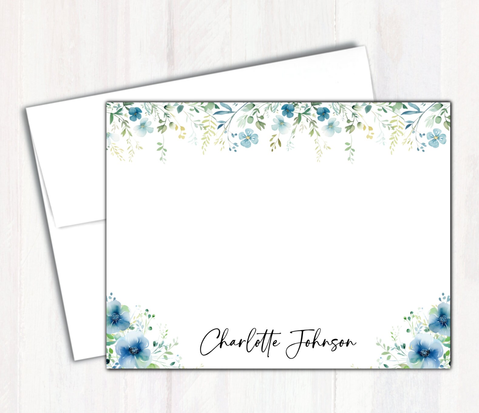 Personalized Stationary With Blue Flowers - Floral Custom Note Cards ...