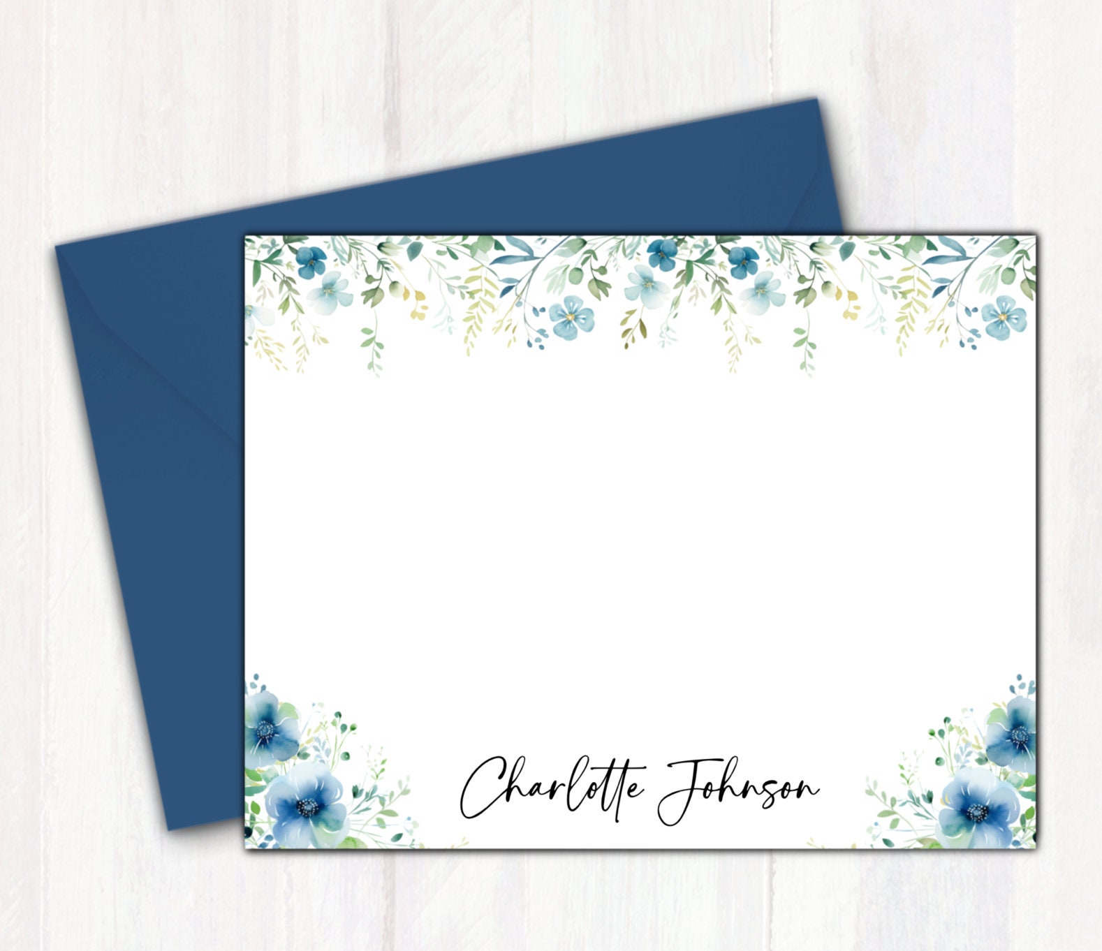 Personalized Stationary With Blue Flowers - Floral Custom Note Cards ...