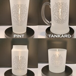 four different types of frosted glassware, including a pint glass, a tanker glass, a beer can, and a whisky glass, each with a unique design.