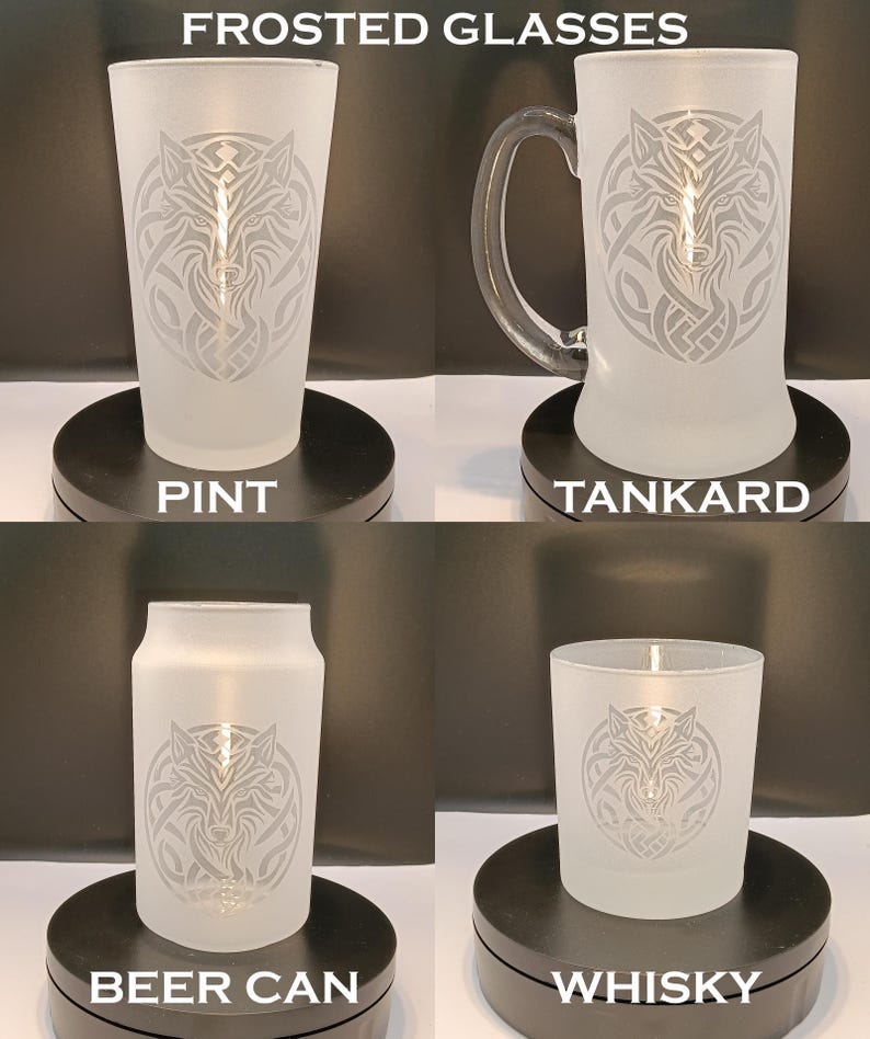 four different types of frosted glassware, including a pint glass, a tanker glass, a beer can, and a whisky glass, each with a unique design.