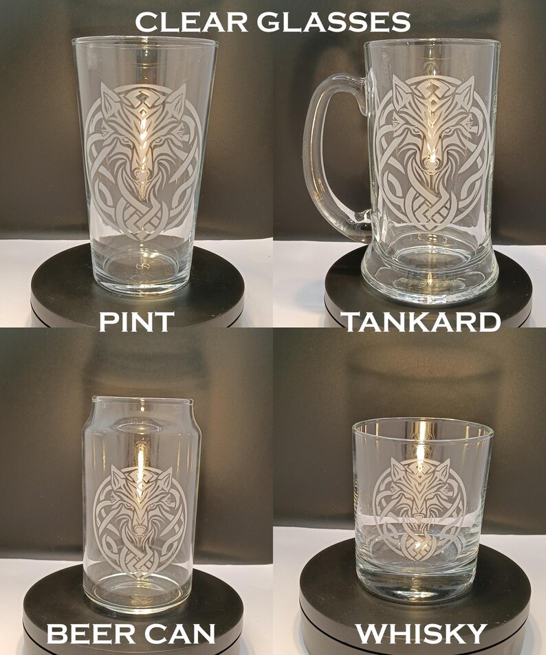 four different types of glassware, each with a unique design and labeled accordingly.