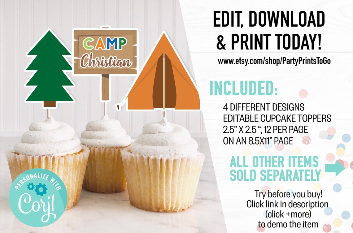 EDITABLE Camping Cupcake Toppers Camping Themed Party Etsy