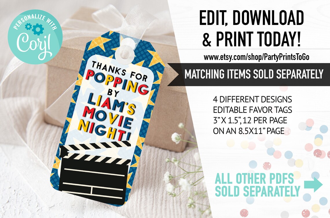 EDITABLE Movie Night Gift Bag Fronts Movie Night Gift Bag Etsy