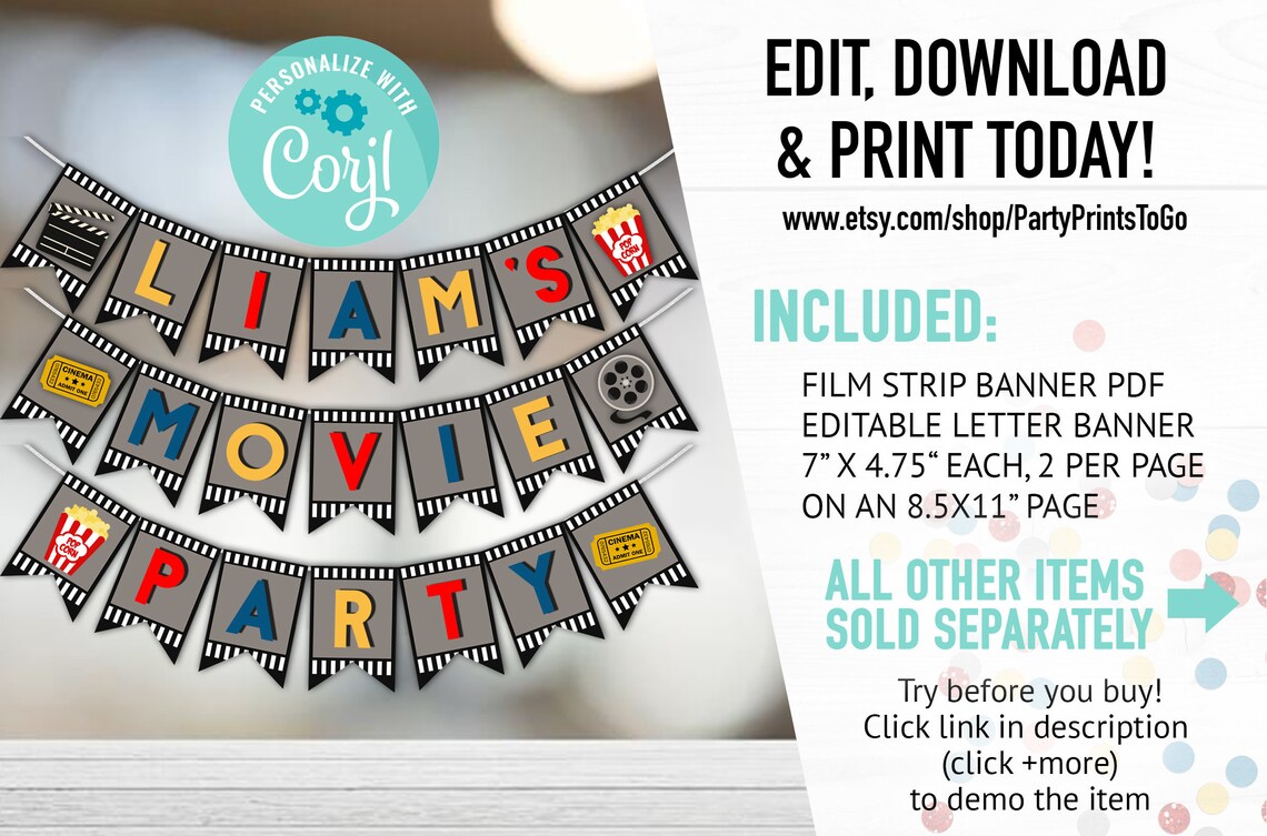 EDITABLE Movie Night Banner Movie Night Birthday Movie | Etsy
