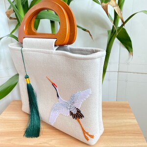 Semicircular Wooden Handle Handbag Flying Crane Pattern Linen Fabric Bag Detachable Tassel Retro Chinese Style Women Girl Gift image 3