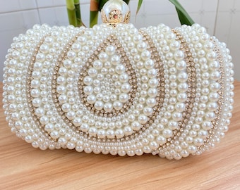 Single Side Drop Shape Pearl Arrangement Rhinestone Golden Small Square Bag with Chain