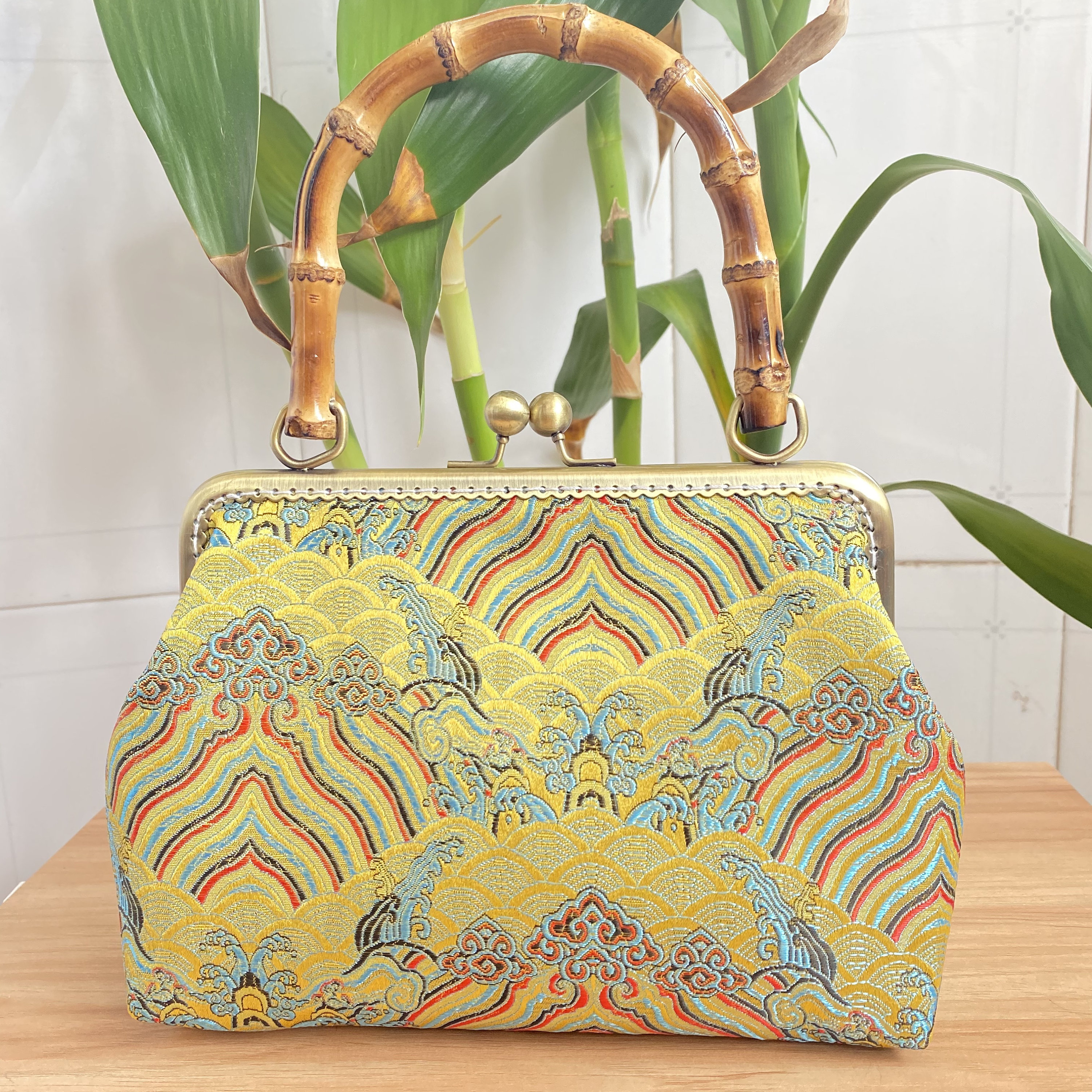 Bamboo Handle Brocade Retro Chinese Style Sea Wave Pattern Carrying Satchel Handbag