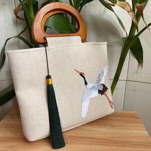 Semicircular Wooden Handle Handbag Flying Crane Pattern Linen Fabric Bag Detachable Tassel Retro Chinese Style Women Girl Gift image 4