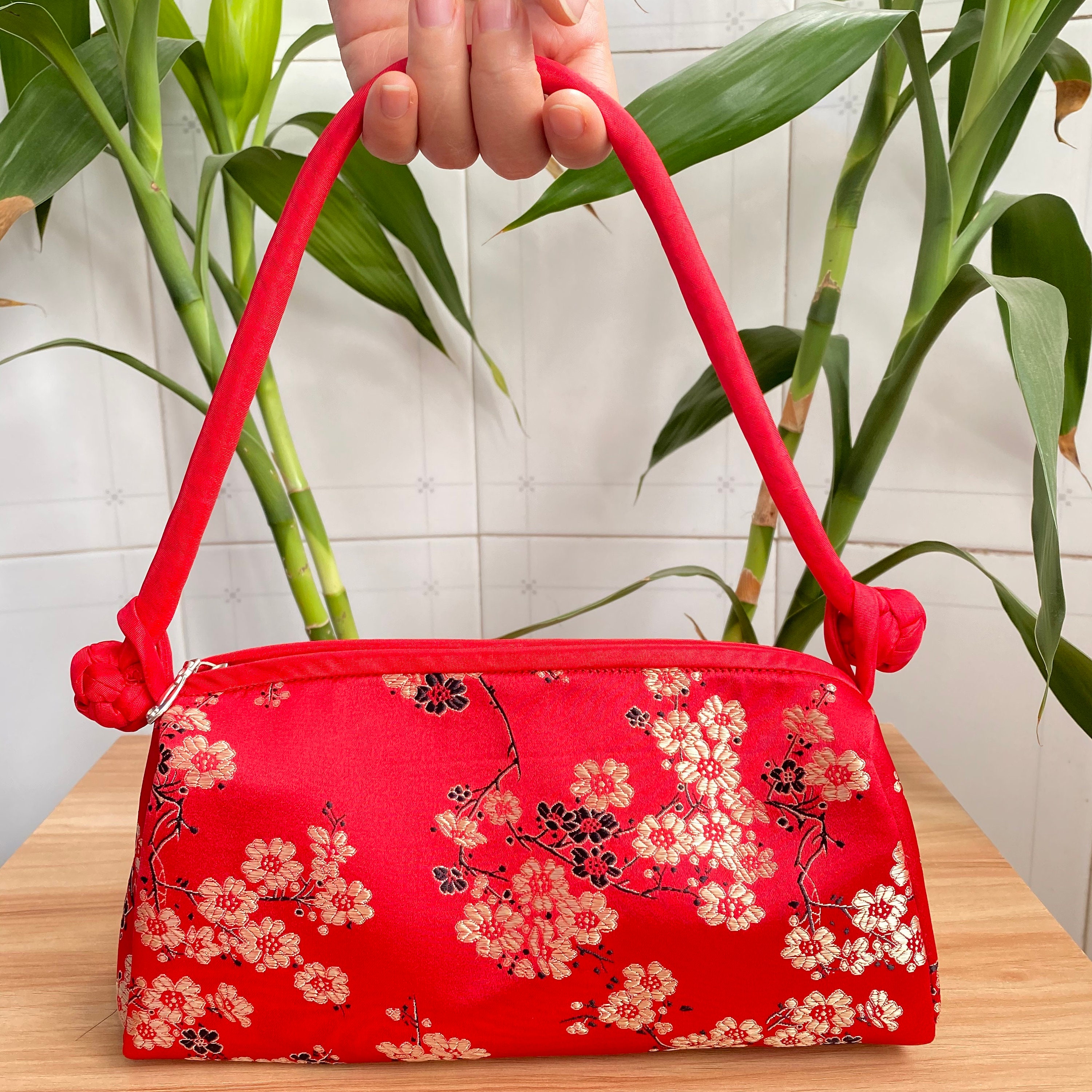 Porfeet Women Chinese Floral Print Ring Handle Shoulder Bag Faux