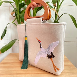 Semicircular Wooden Handle Handbag Flying Crane Pattern Linen Fabric Bag Detachable Tassel Retro Chinese Style Women Girl Gift image 2