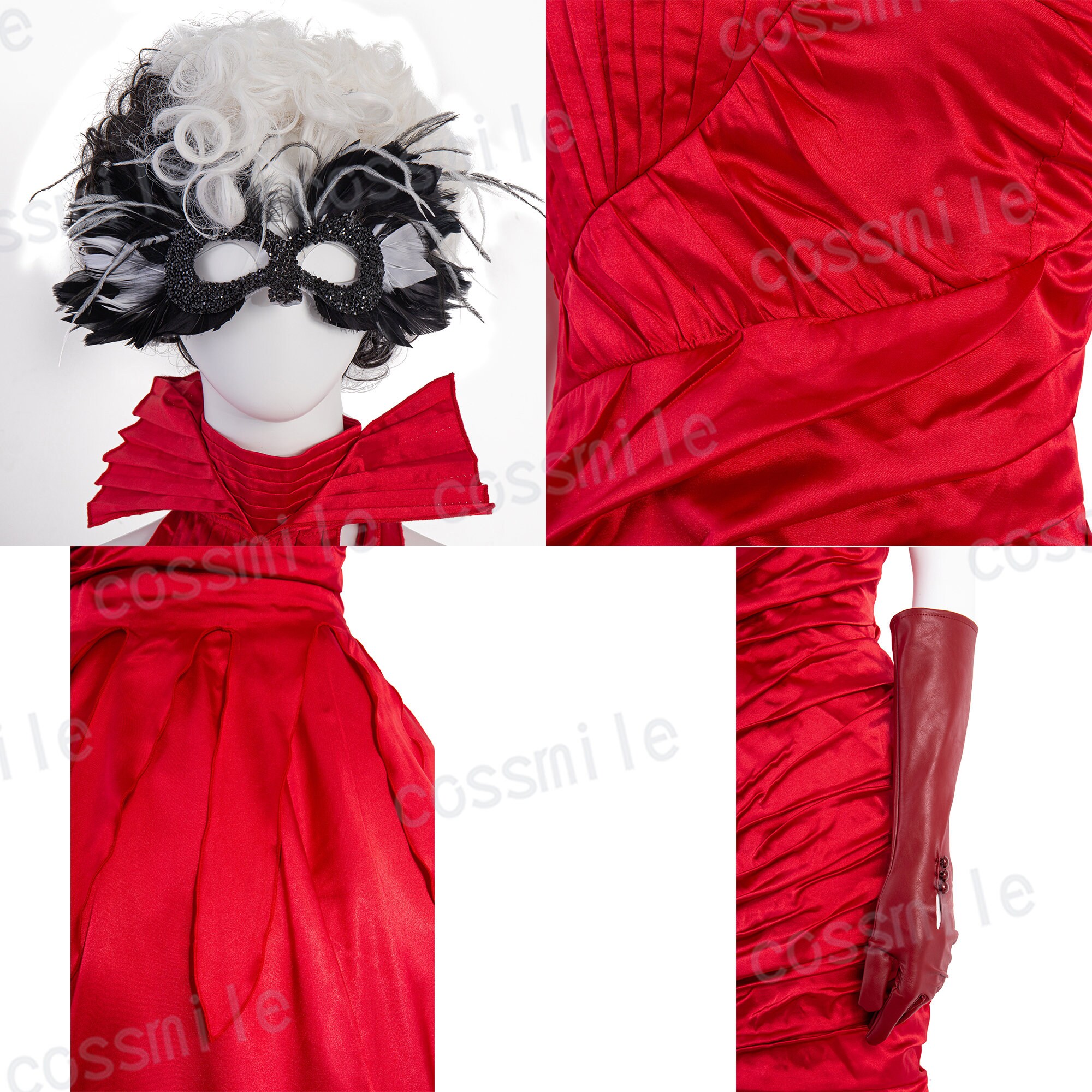 2021 Cruella Red Dress Cosplay Cruella de Vil Emma Stone Costumes Outfit, Female / S / Full Set + Wigs