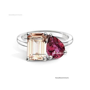 Cocktail Ring 925 Sterling Silver Statement Ring Peach Topaz and Pink Topaz Ring 2 Stone Ring Toi et Moi Ring Double Stone Anniversary Gift