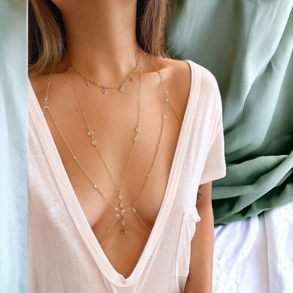 Crystal and Shell Charm Chain Necklace in 925 Sterling Silver Bikini Chain Bohemian Jewelry Delicate Chain Bralette Body Honeymoon Jewelry
