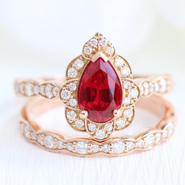 Bague de fiançailles florale de style vintage avec topaze rouge poire et halo CZ en argent sterling 925 festonné alliance assortie 2 bagues cadeau