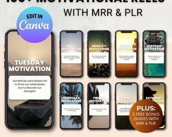 May include: A digital product mockup showing 100+ motivational reels for social media. The reels are designed for use with Canva and include quotes about motivation, success, and overcoming challenges. The text "EDIT IN Canva" is displayed on a purple and blue button. The text "100+ MOTIVATIONAL REELS WITH MRR & PLR" is displayed in white text on a black background. The text "READY TO UPLOAD OR RESELL FOR YOURSELF!" is displayed in white text on a brown background.