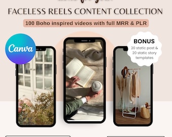 100 Boho Faceless Reels: Instagram Marketing with MRR & PLR (Canva)