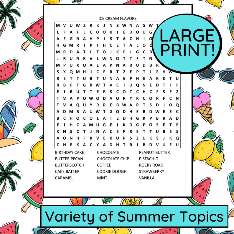 70 Summer Themed Word Searches With Large Print PDF Instant Etsy